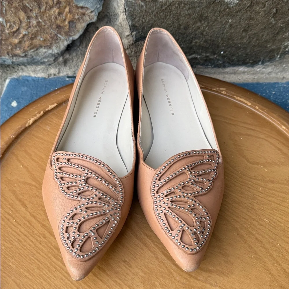 Sophia Webster Bibi Butterfly Flats Nude Leather Studded Pointed Toe size 7